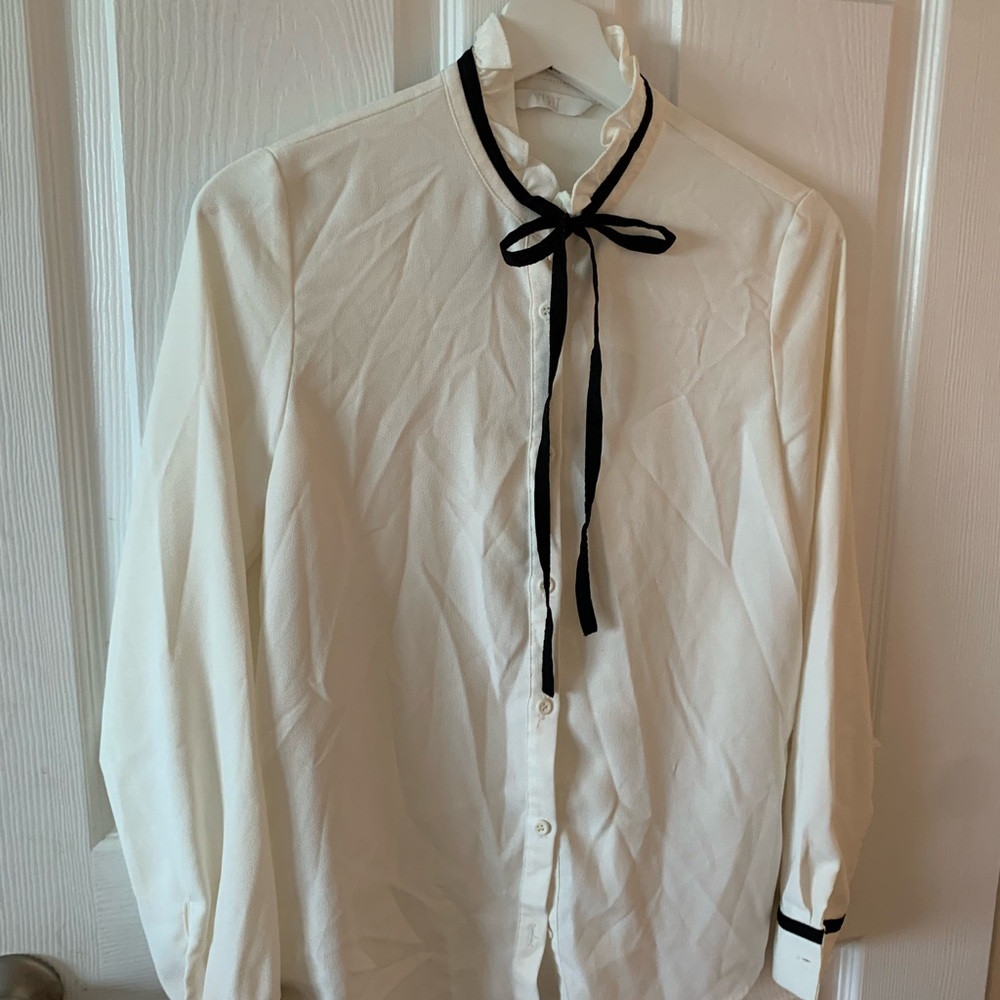 Elegant White Blouse with Black Trim